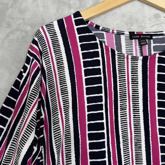 Lane Bryant Shirt Womens 14/16 Pink Black White Stripe Tie Hem Long Sleeve Top - Picture 3 of 12